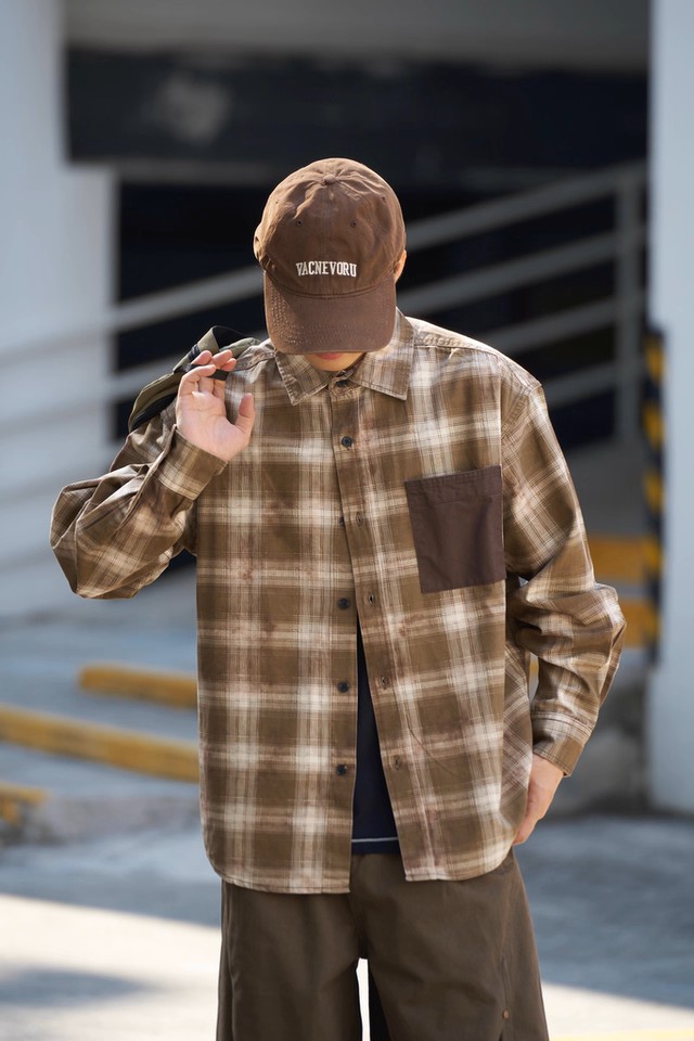 原创男装日系复古撞色口袋格纹衬衫男春秋季休闲长袖衬衣